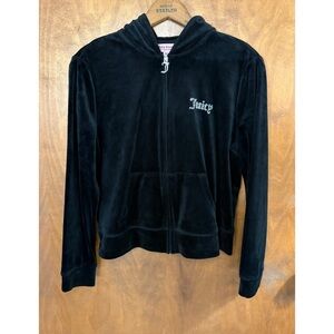 Juicy Couture Black Velour Zip Up Hoodie Rhinestone Logo Mcbling Bratz Y2K Cyber